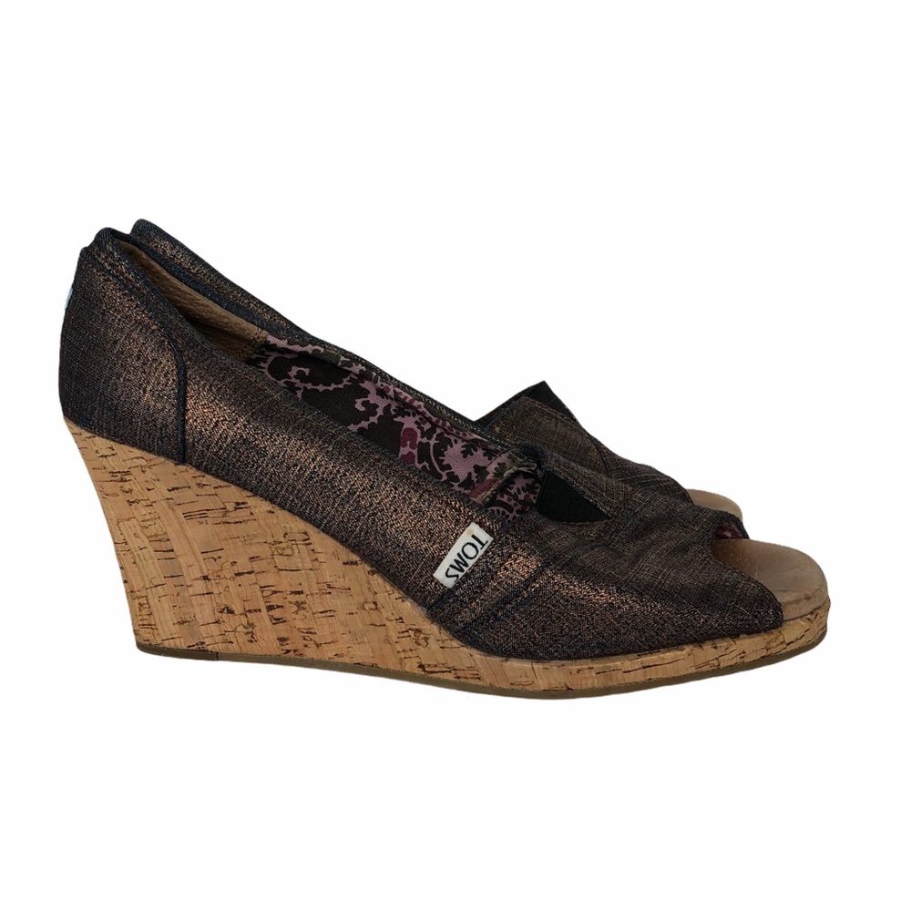 TOMS Denim Gold Wedge Peeptoe Sandals 10
